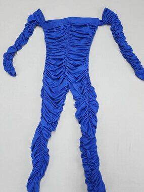 SJL APPAREL Womens S Blue Ruched Off Shoulder Long Sleeve Jumpsuit Stretch